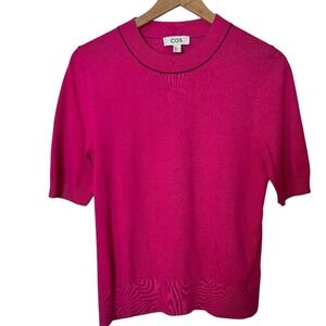 COS Knit Top Small – Fuchsia‎ Pink Short Sleeve Sweater with Navy Trim